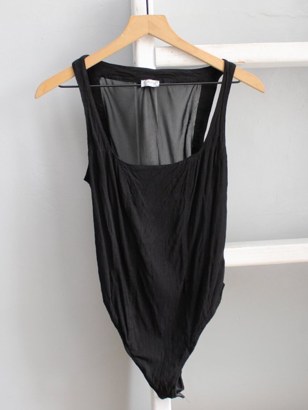 FP Intimately Black Sleeveless Sheer Square Neckline Thong Bodysuit Size Small